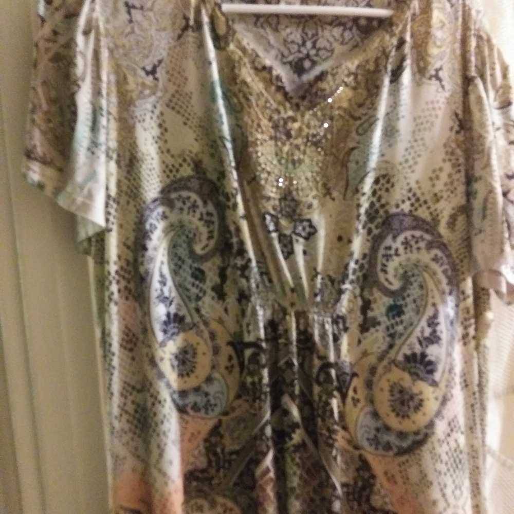 V-line neck sequened green mix coloured blouse. - Picture 2 of 2